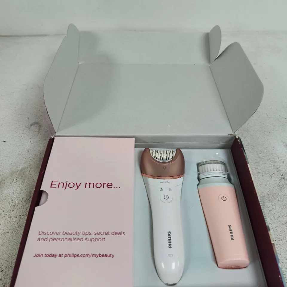 PHILIPS SATINELLE PRESTIGE EPILATOR WITH FACIAL CLEANSING BRUSH – LUXURY EDITION, WHITE & PINK