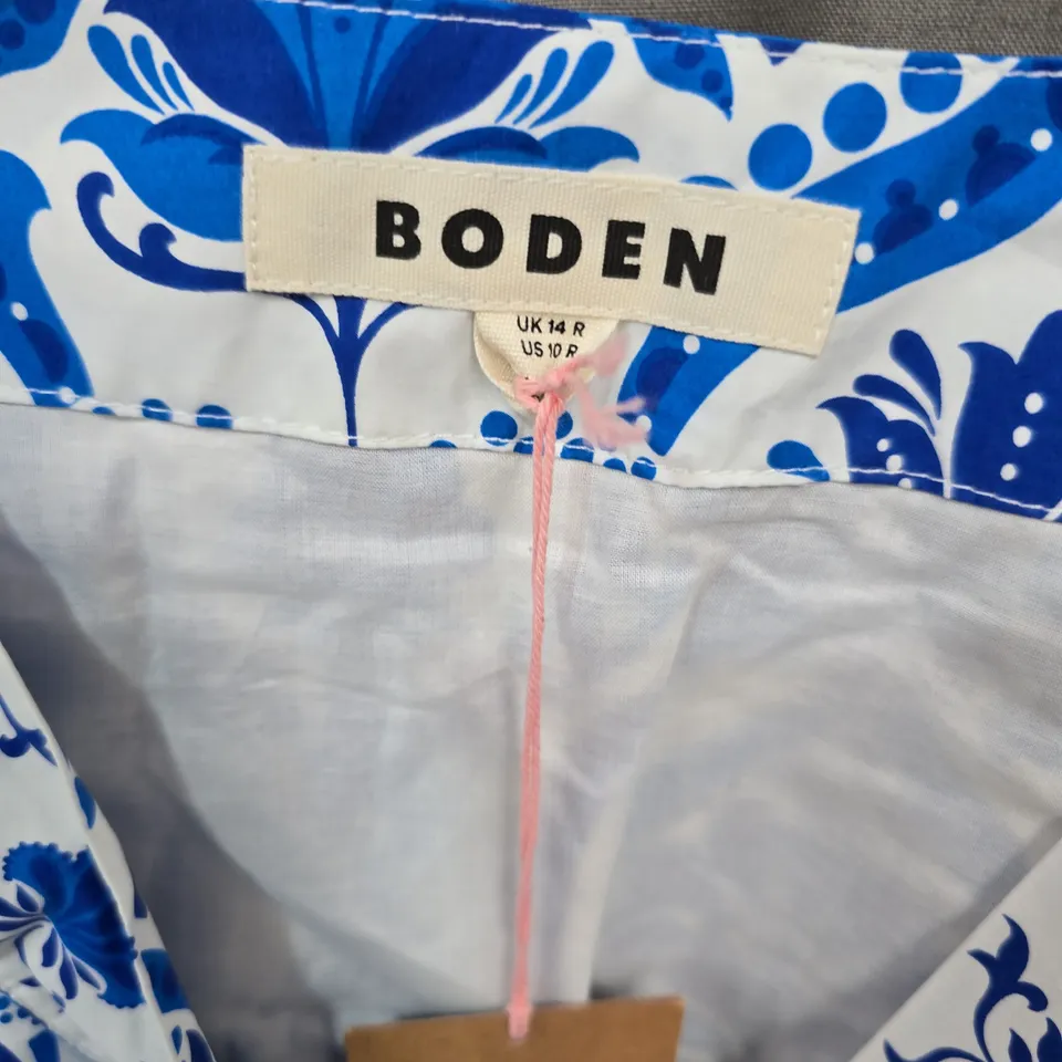 BODEN WOMEN'S BLUE & WHITE PRINT WRAP DRESS, UK 14