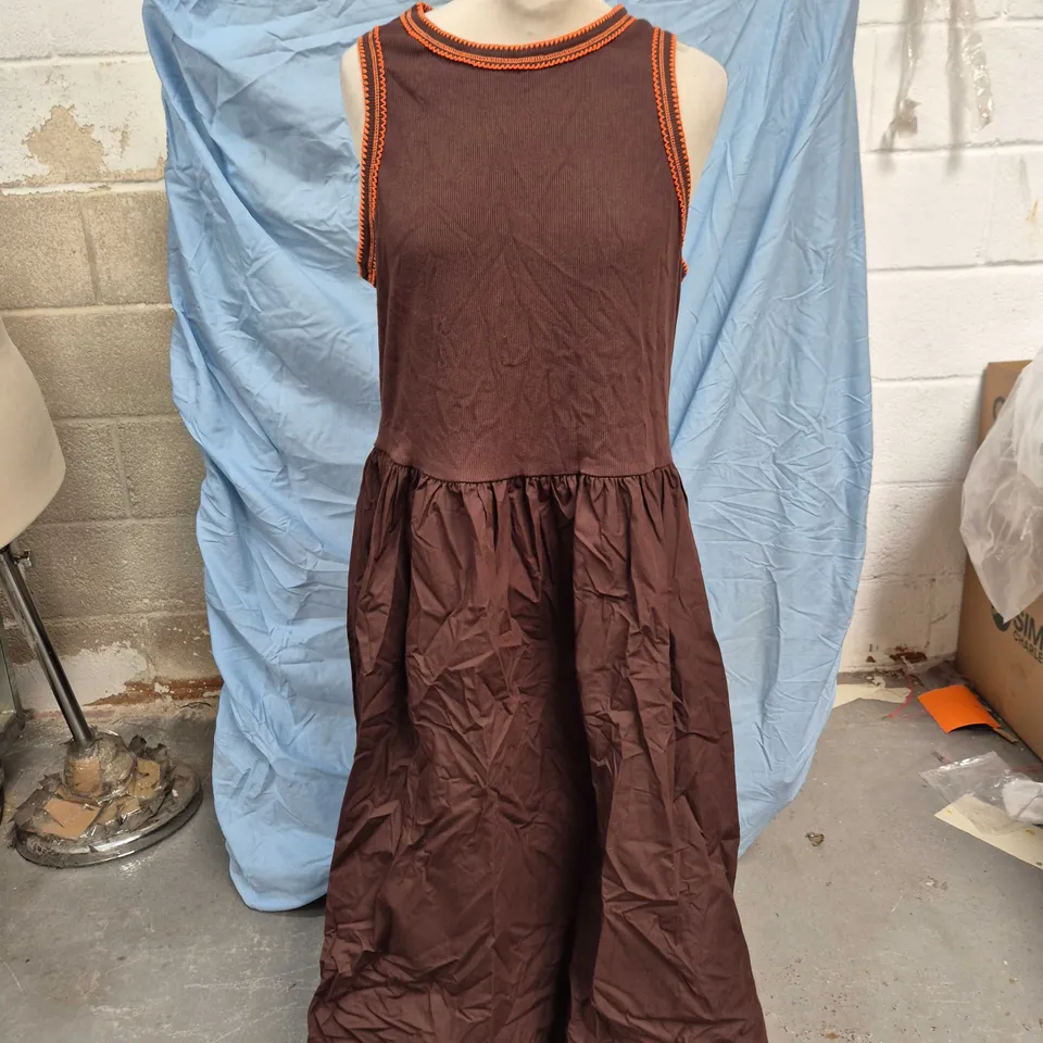 RIVER ISLAND STUDIOS WOMEN'S BROWN MAXI DRESS WITH ORANGE STITCHING – UK SIZE L