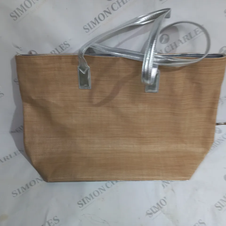 RUTH LANGSFORD BEIGE BEACH TOTE BLACK INTERIOR AND SILVER ACCENTS WITH SILVER PURSE