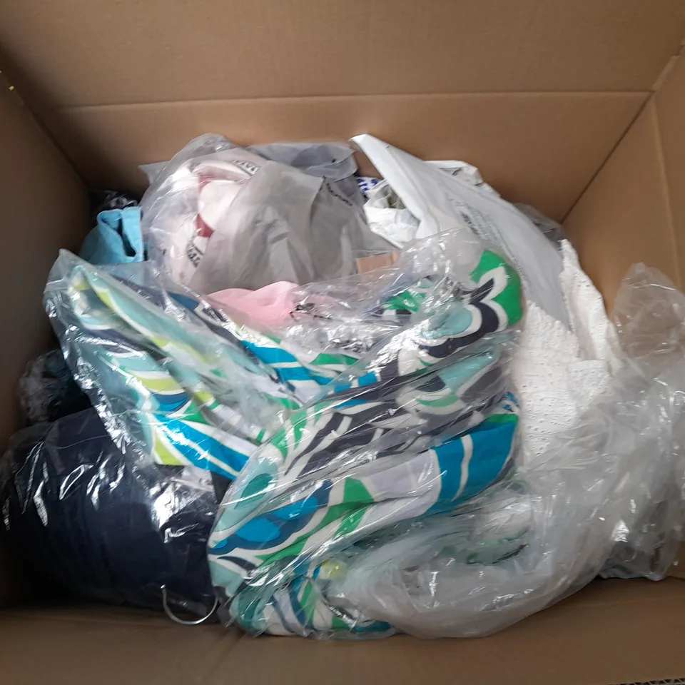 LARGE QAUNTIITY OF ASSORTED CLOTHES IN VARIOUS COLORS AND SIZES TO INCUDED DRESSES, T-SHIRTS , TROUSERS 