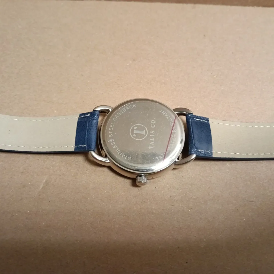 BOXED TALIS CO BLUE DIAL WRISTWATCH – STAINLESS STEEL CASEBACK, LEATHER STRAP