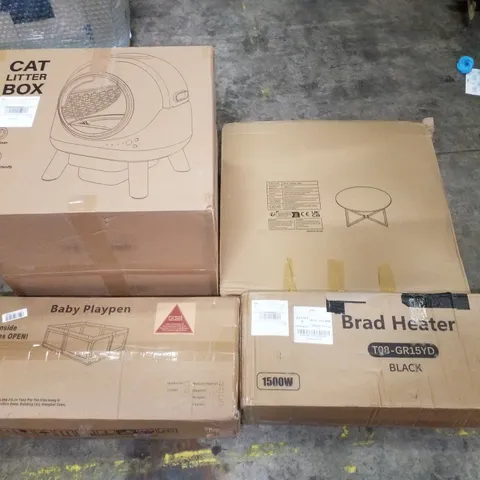 PALLET CONTAINING ASSORTED PRODUCTS INCLUDING CAT LITTER BOX, METAL COFFEE TABLE, BABY PLAYPEN & BRAD HEATER