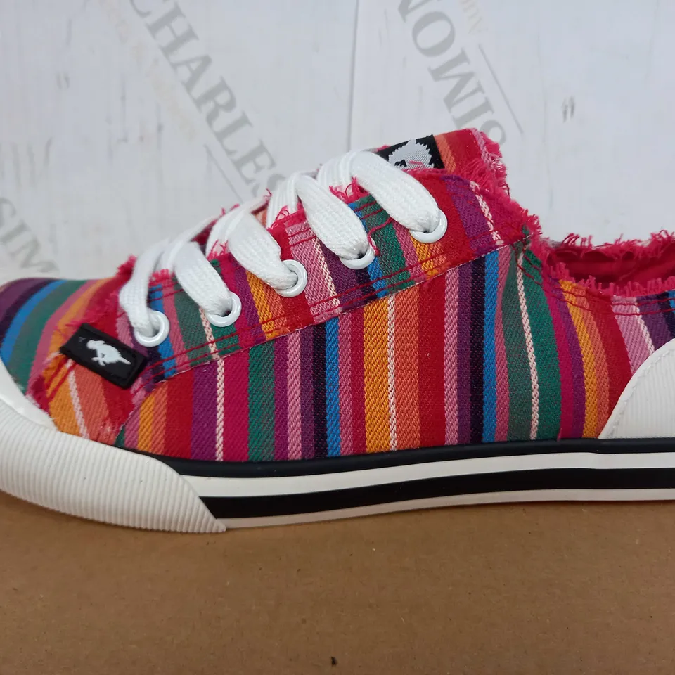 BOXED PAIR OF ROCKED GOD TRAINERS (RAINBOW), SIZE 6 UK