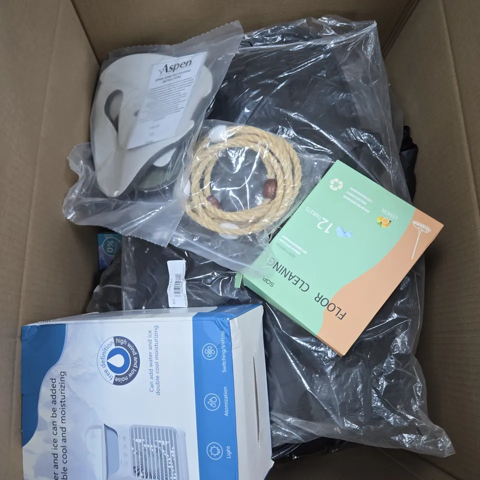 BOX OF APPROXIMATELY 15 ASSORTED ITEMS INCLUDING A DESKTOP FAN TOWER, AN ASPEN VISTA COLLAR REPLACEMENT PADS AND HYUNDAI GENUINE REPLACEMENT 18' LAWNMOWER BLADE