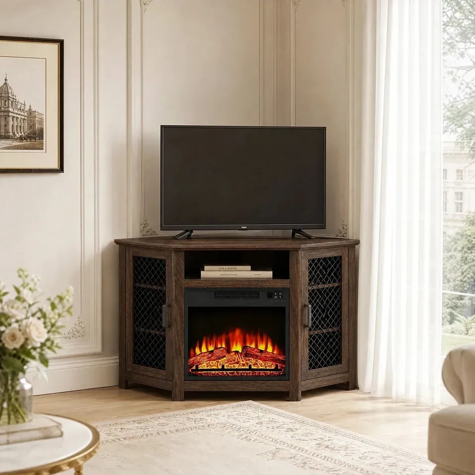 BOXED QUBECO 114CM/45" CORNER TV STAND WITH ELECTRIC FIRE CONSOLE TABLE WITH 2 METAL MESH DOORS - BROWN