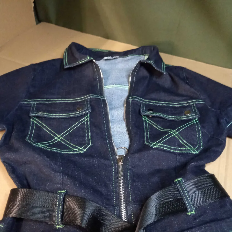 OH  POLLY DARK BLUE/GREEN DETAILED DENIM FORM FITTING PLAYSUIT - SIZE 14