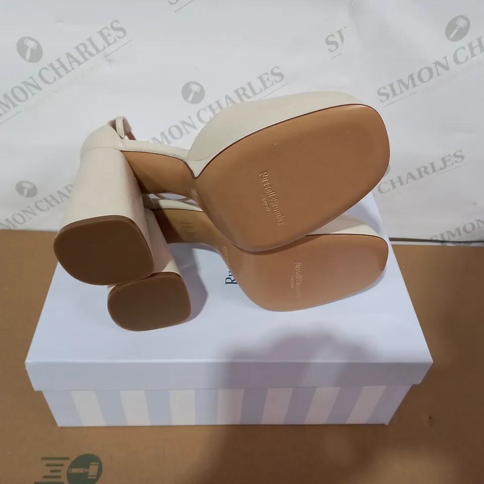 BOXED PAIR OF RUSSELL & BROMLEY CREAM HIGH HEELS SIZE 37
