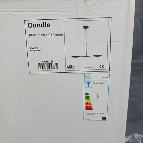 BRAND NEW BOXED DAR OUNDLE 2 LIGHT BRONZE LED PENDANT LIGHT - COLLECTION ONLY
