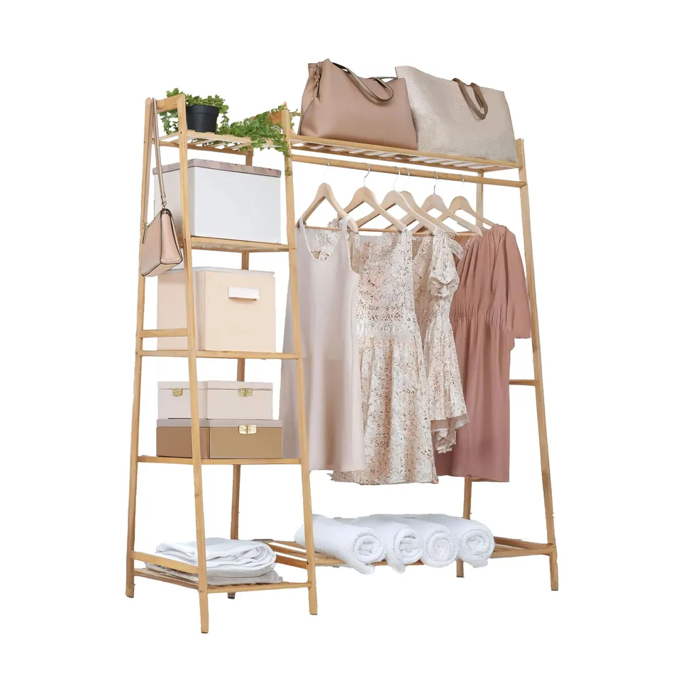 BOXED NEO BAMBOO RACK CLOTHES WITH STORAGE SHELF HANGING RAIL 