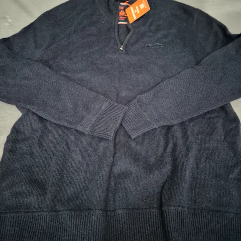 SUPERDRY ESSENTIAL EMB KNIT HALF ZIP JUMPER, NAVY - SIZE XL 