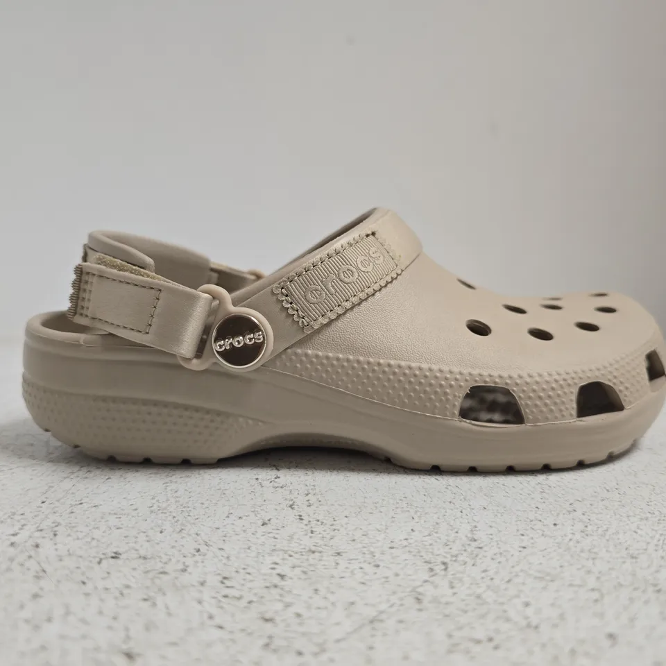 PAIR OF CROCS CLASSIC KID'S SATIN CLOGS IN TAUPE SIZE UK J3