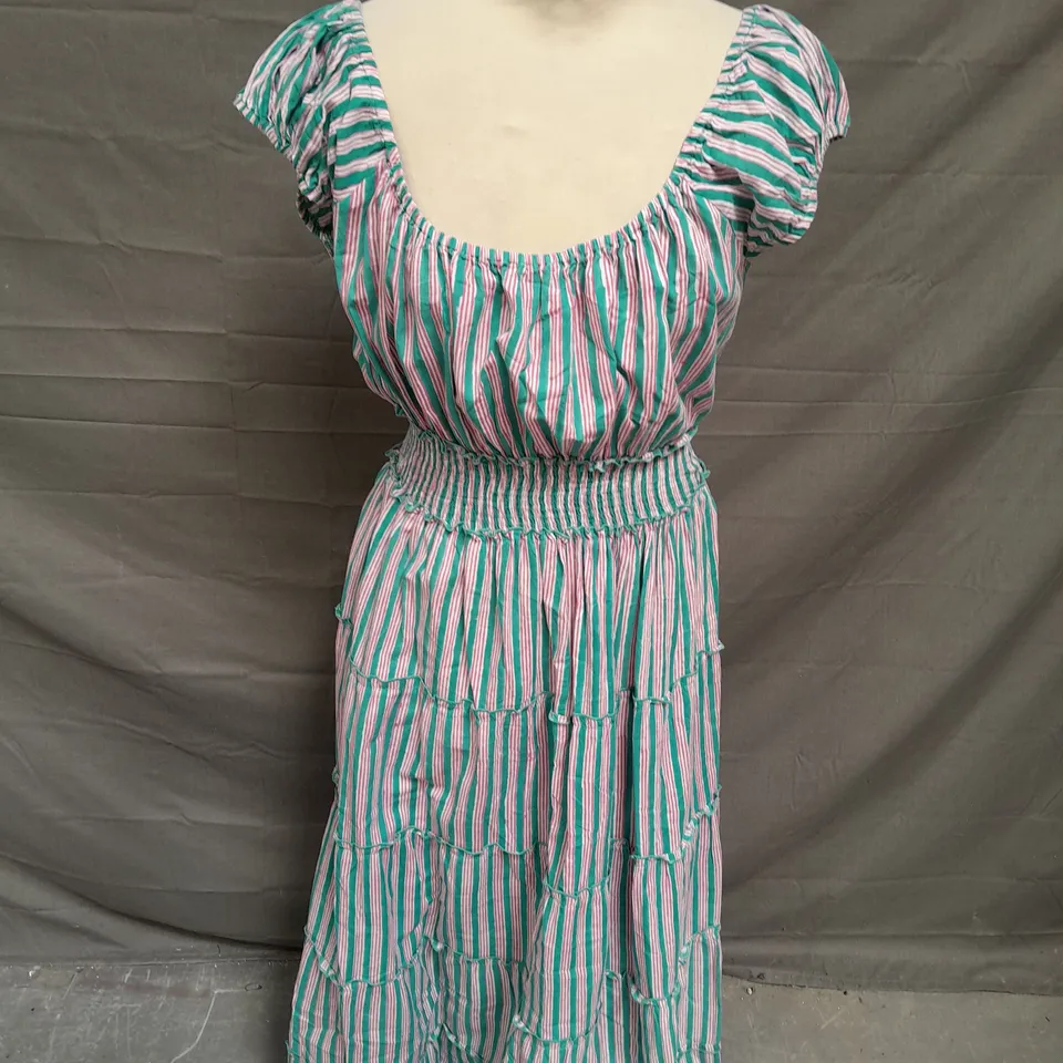 PINK CITY PRINTS TIERED SHIRRED MIDAXI DRESS IN PINK/GREEN STRIPE SIZE S