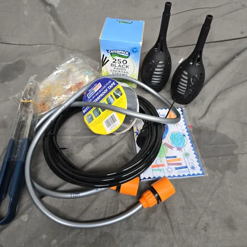 APPROXIMATELY 12 ASSORTED HOUSEHOLD ITEMS TO INCLUDE PAPER COCKTAIL STRAWS, WEATHERPROOF TAPE, HOSE, ETC