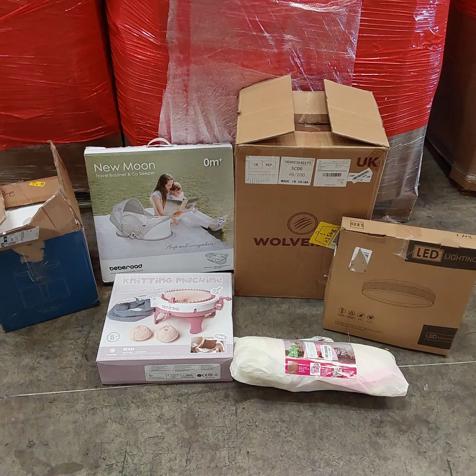 PALLET OF ASSORTED ITEMS INCLUDING: AIR FRYER, WOLVERINE PAPER SHREDDER, LED CEILING LIGHT, TRAVEL BASSINET AND SLEEPER, KNITTING MACHINE, KIDS PLAY TENT