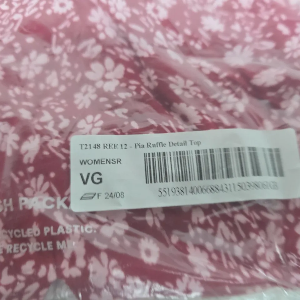 BAGGED BODEN WOMEN’S PIA RUFFLE DETAIL TOP – PINK FLORAL, SIZE SR