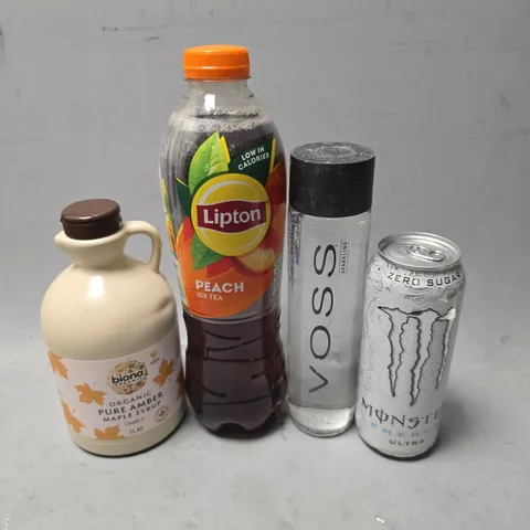 APPROXIMATELY 8 ASSORTED FOOD & DRINK ITEMS TO INCLUDE - LIPTON PEACH ICE TEA , MONSTER SUGAR FREE ETC