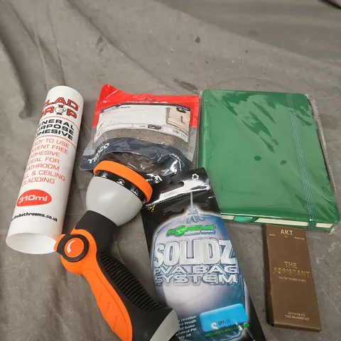 APPROXIMATELY 15 ASSORTED HOUSEHOLD ITEMS TO INCLUDE GENERAL PURPOSE ADHESIVE, HOSE ATTACHMENT, CLASP NAILS ETC 