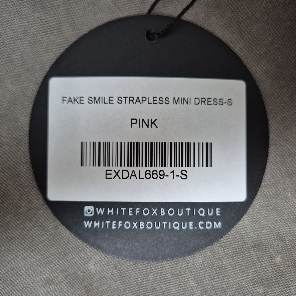WHITE FOX BOUTIQUE PINK FAKE SMILE STRAPLESS MINI DRESS, SIZE S