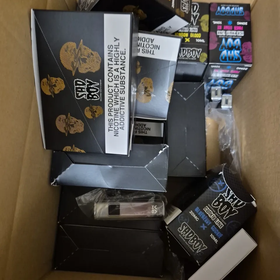APPROXIMATELY 12 ASSORTED E-CIGARETTE PRODUCTS TO INCLUDE SAD BOY E-LIQUID & XLIM PRO POD