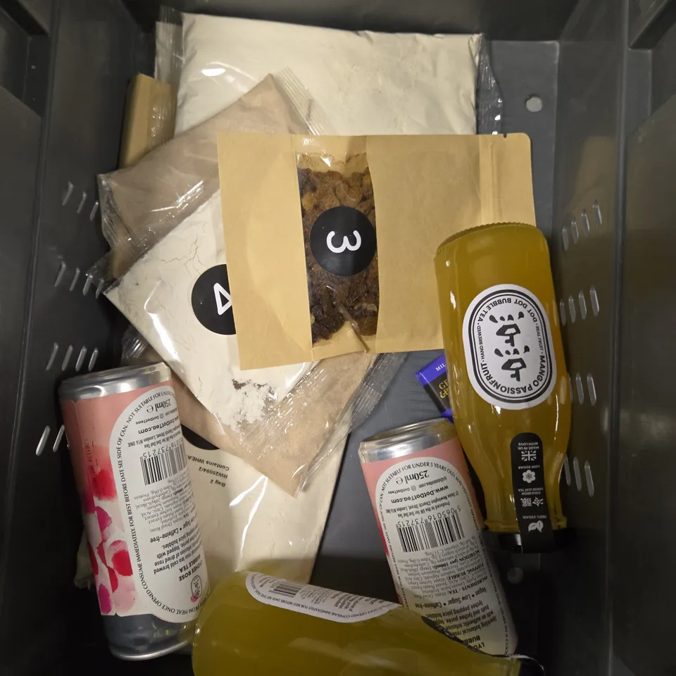 APPROXIMATELY 10 ASSORTED FOOD/DRINK PRODUCTS TO INCLUDE BAD HAND COFFEE, DATES, BUBBLE TEA ETC 