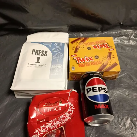APPROXIMATELY 8 ASSORTED FOOD/DRINK PRODUCTS TO INCLUDE TWIX WAFER ROLLS, LINDT CHOCOLATE, PEPSI MAX ETC 