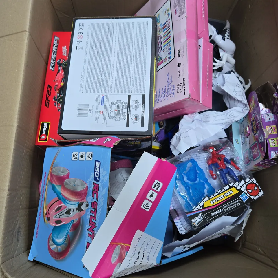 BOX OF APPROXIMATELY 10 ASSORTED TOYS INCLUDING 360 RC STUNT CAR, SPIDER MAN TOY AND RC AMPHIBIOUS CAR