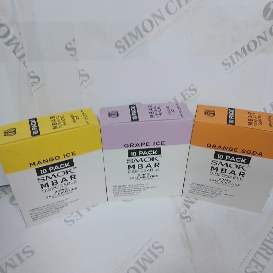 BOX OF APPROXIMATELY 10 BOXES OF MANGO ICE, GRAPE ICE AND ORANGE SODA 10 PACK SMOK M BAR DISPOSABLE 20MG SALT NICOTINE