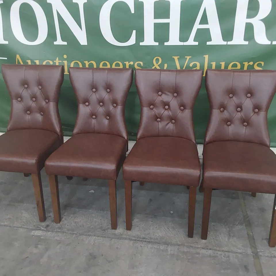 SET OF FOUR UPHOLSTERED BUTTONED BACK DINING CHAIRS BROWN PU ON DARK WOOD LEGS 