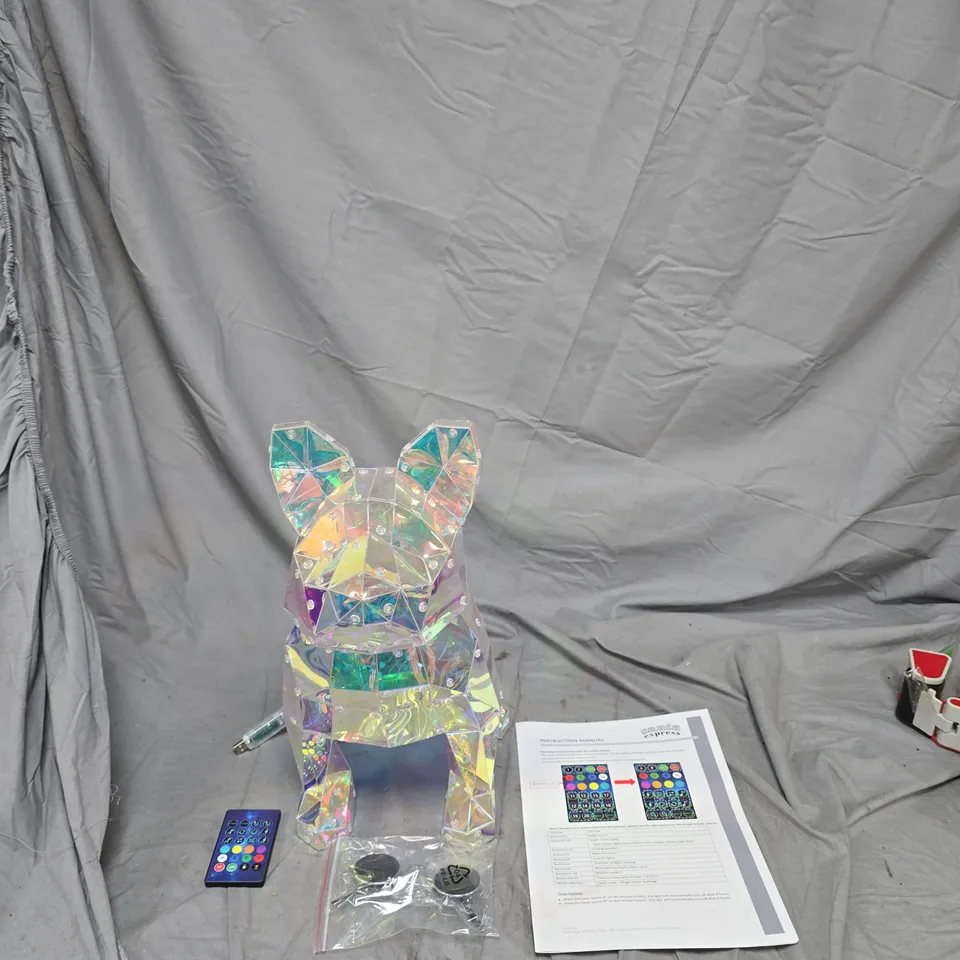 HOLOGRAPHIC CRYSTAL DOG LED LAMP WITH REMOTE – COLOUR-CHANGING HOME DECOR .SANTA EXPRESS LED IRIDESCENT MULTI FUNCTION SHAPES FRENCH BULLDOG . NOT TESTED .