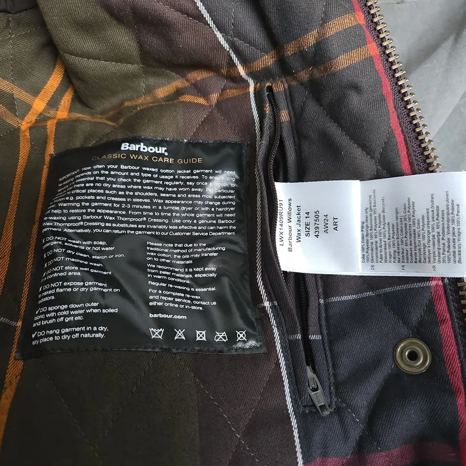 BARBOUR WILLOWS WAX JACKET IN BROWN - UK 14