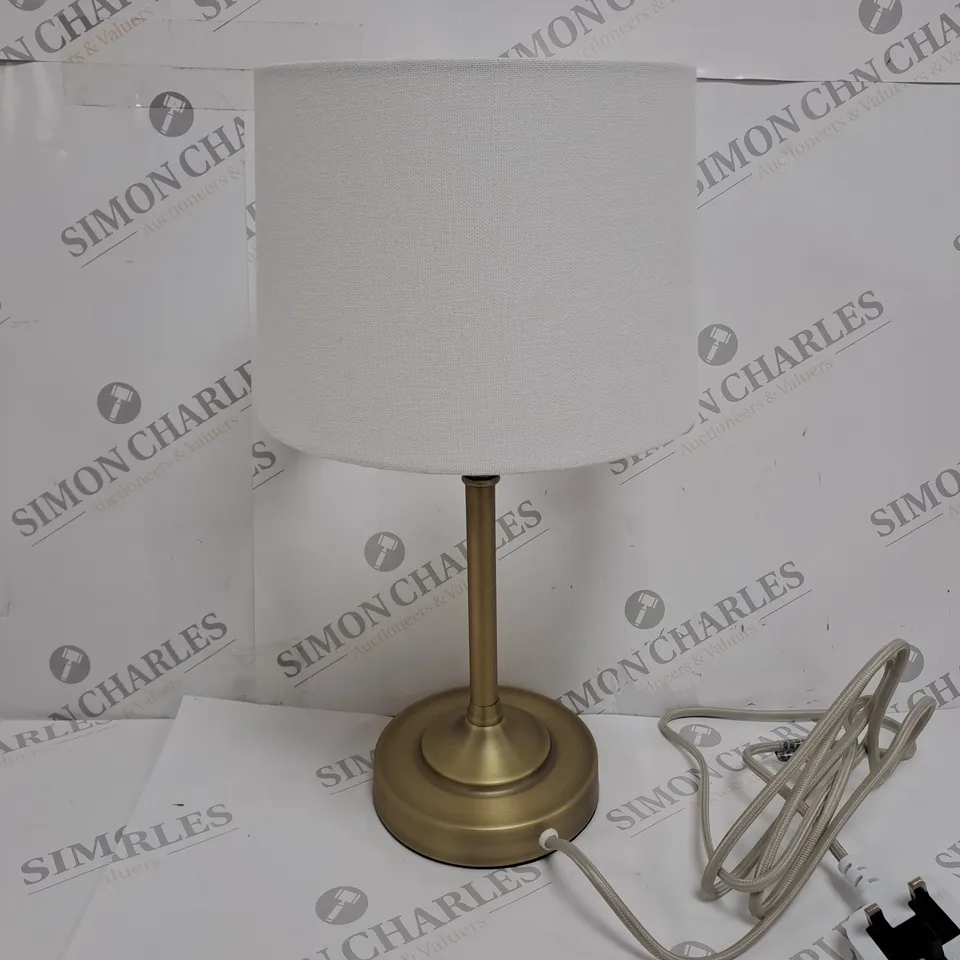 BOXED JOHN LEWIS ISABLE 3 STAGE TOUCH CONTROL TABLE LAMP IN ANTIQUED BRASS FINISH AND LINEN SHADE