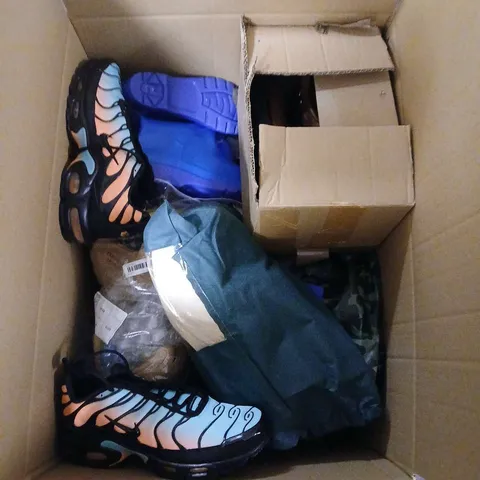 LARGE BOX OF APPROX 10 ASSORTED SHOES IN VARIOUS COLOURS, STYLE AND SIZES