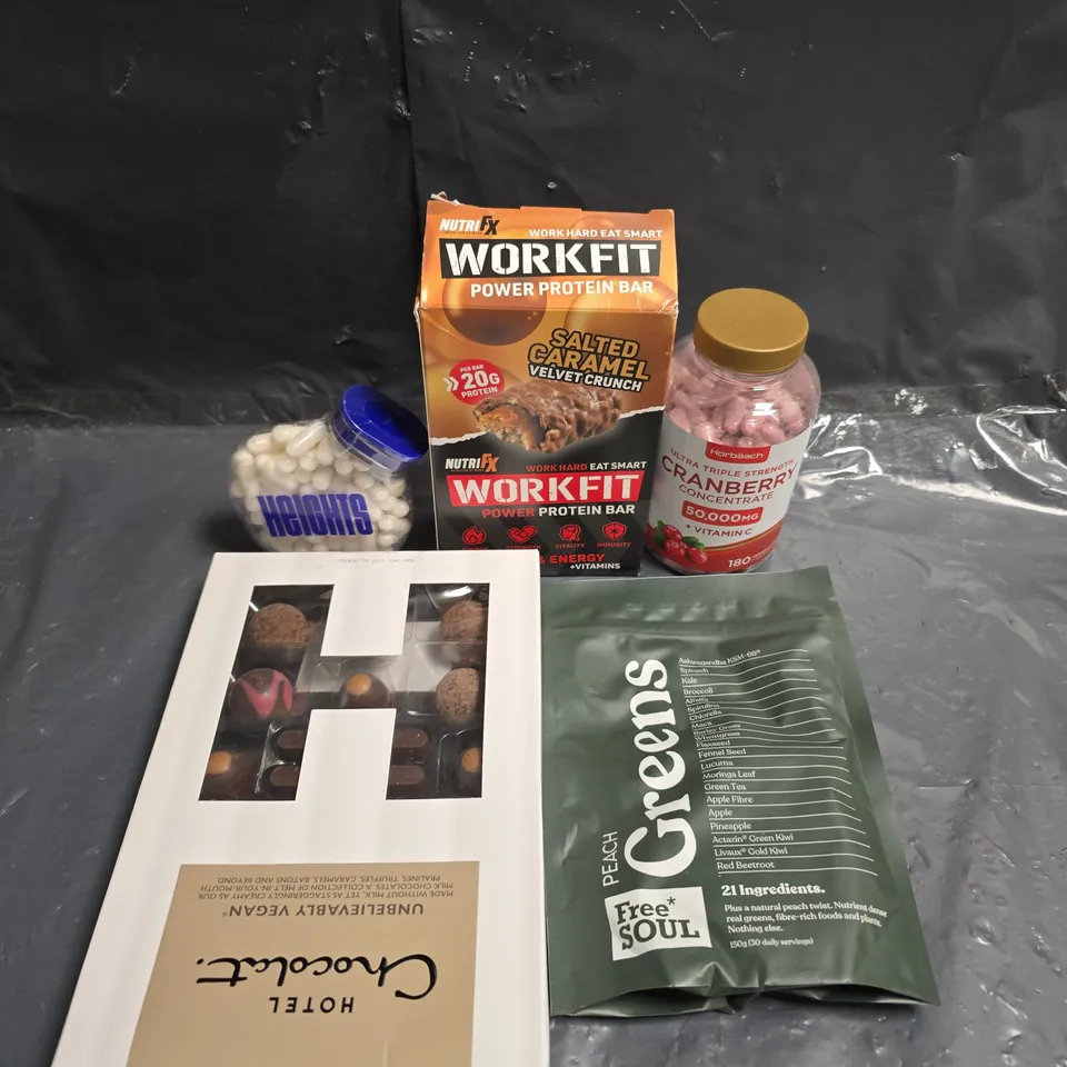 APPROXIMATELY 10 ASSORTED FOOD ITEMS TO INCLUDE  - HOTEL CHOCOLAT, PROTEIN BARS AND VEGAN CAPSULES