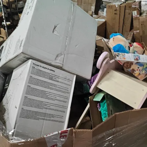 PALLET OF ASSORTED HOUSEHOLD GOODS AND PRODUCTS TO INCLUDE; BOOSTER SEAT,CAR SEAT,LEGO BATMAN,TRASH CAN,TWIST AND WALK,PANS