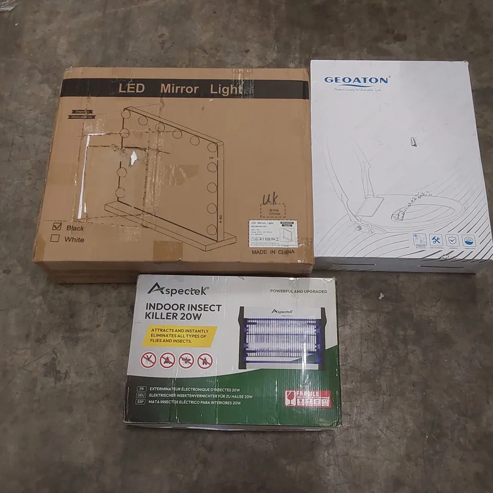 PALLET OF ASSORTED HOUSEHOLD ITEMS AND CONSUMER PRODUCTS TO INCLUDE; INDOOR INSECT KILLER, LED MIRROR LIGHT, TOILET SEAT, DUMBELL BENCH, BOXED FURNITURE ETC 