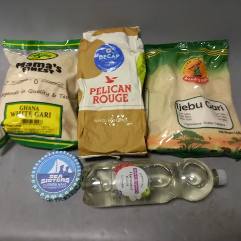 LOT OF APPROXMATELY 5 ITEMS TO INCLUDE - MAMAS FINEST GHANA WHITE GARI, SEA SISTERS CORNISH HAKE, AND PELICAN ROUGE WHOLE BEANS ETC.