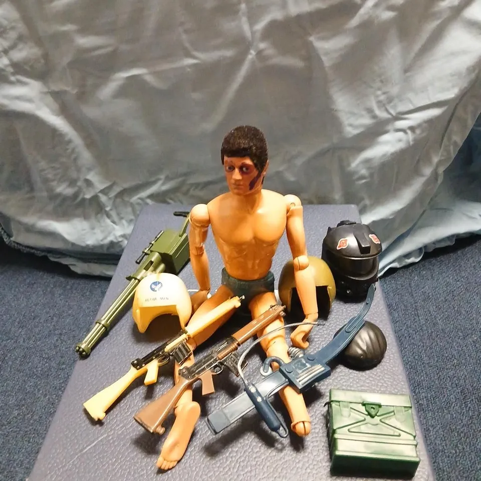 VINTAGE ACTION MAN 12-INCH MILITARY ACTION FIGURE WITH HELMETS AND ACCESSORIES