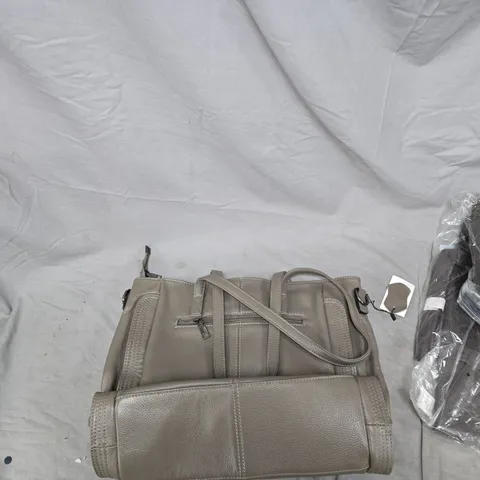 TAUPE LEATHER HANDBAG WITH TOP HANDLES AND LONG STRAP