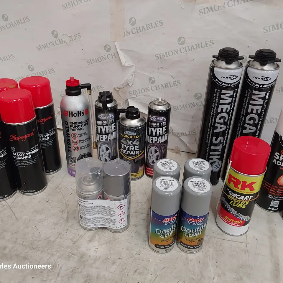 TOTE OF ASSORTED AEROSOLS INCLUDING ALLOY WHEEL CLEANER, MEGA STIK, SPRAY ADHESIVE GREY PRIMER, PUNCTURE REPAIR.