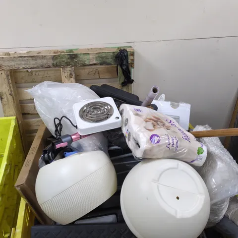 PALLET TO CONTAIN A LARGE AMOUNT OF ASSORTED HOUSEHOLD ITEMS TO INCLUDE ELECTRIC HOT PLATE, TOILET ROLLS ETC