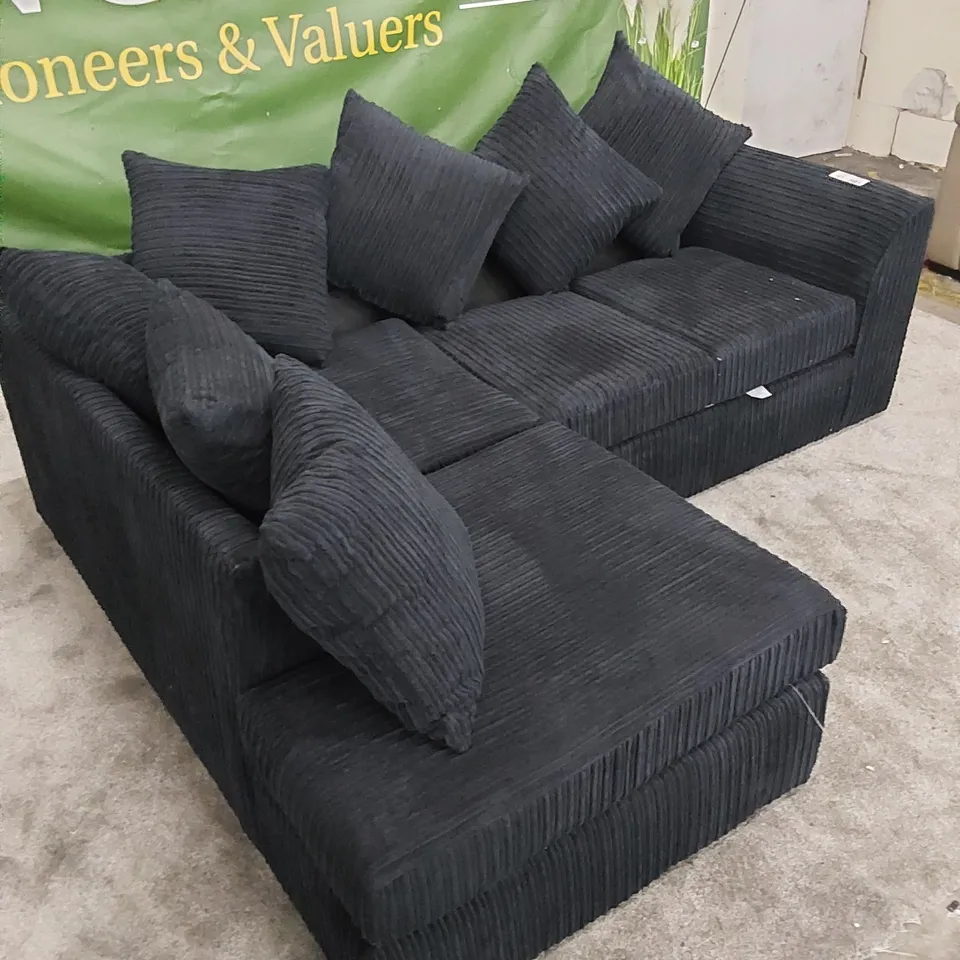 DESIGNER FABRIC NAVY COLOURED CORNER SOFA WITH CUSHIONS 