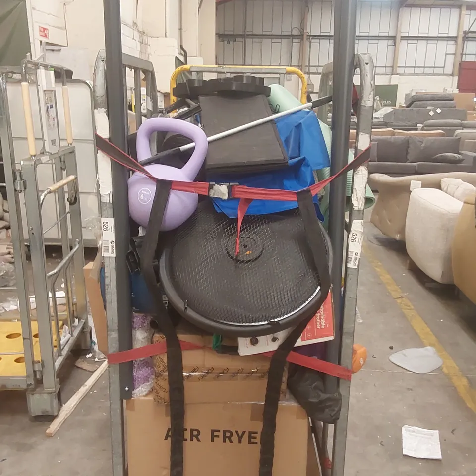 CAGE CONTAINING A LARGE QUANTITY OF ASSORTED ITEMS INCLUDING: AIRFRYER, KETTLE BELL WEIGHTS, BABY PLAYPEN, YOGA MAT, SUITCASE ECT // CAGE NOT INCLUDED