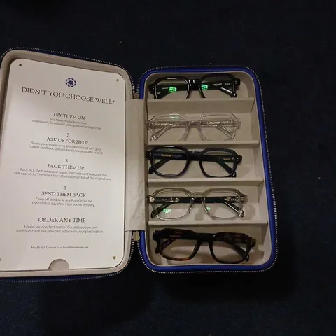 ASSORTED EYEGLASS FRAMES IN BLUE CASE – MULTIPLE PAIRS (AS SHOWN)