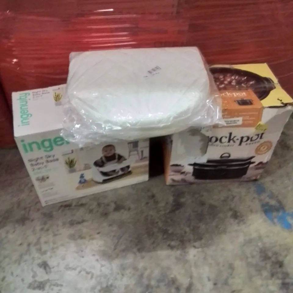 PALLET OF ASSORTED HOUSEHOLD GOODS AND PRODUCTS TO INCLUDE;BABY SEAT,SLOW COOKER,CUSHION