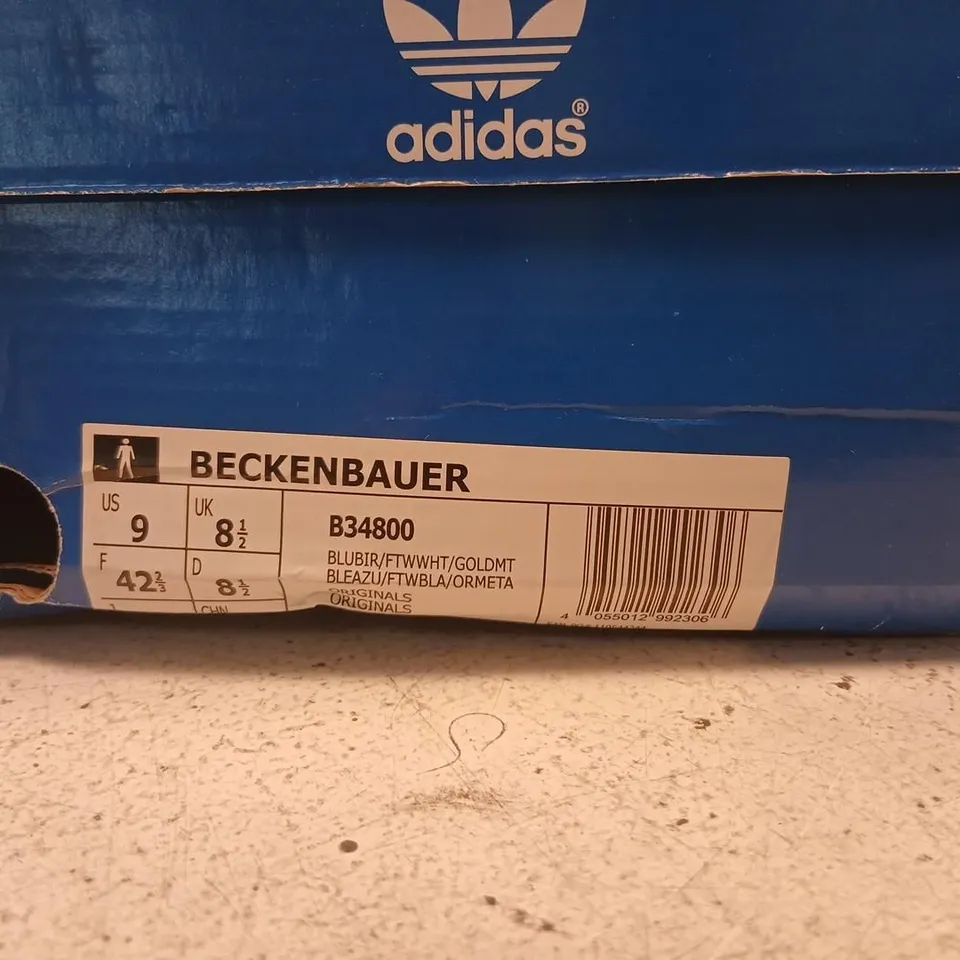 ADIDAS BECKENBAUER TRAINERS – BLUE/WHITE, UK 8.5 (US 9) – BOXED