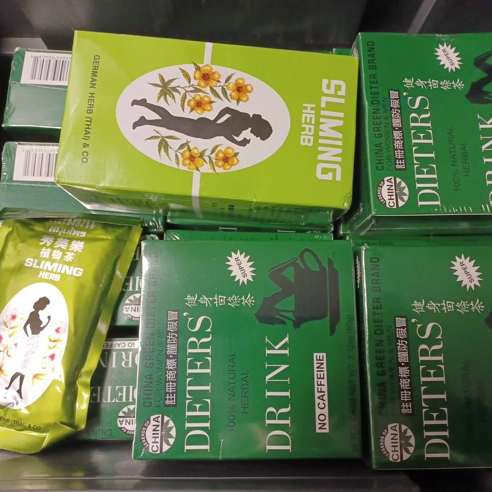 BOX OF APPROX 14 ASSORTED FOOD ITEMS TO INCLUDE - DIETERS DRINK NO CAFFINE - SLIMING HERB