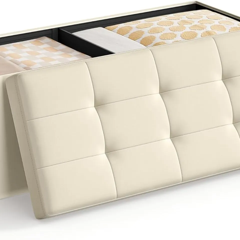 BOXED SONGMICS MAZIE COLLECTION - STORAGE OTTOMAN BENCH, 110 CM FOLDING FOOT REST STOOL, END OF BED BENCH, EASY ASSEMBLY, FOR LIVING ROOM, BEDROOM, ENTRYWAY, CREAM WHITE 