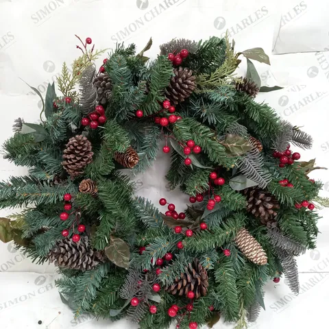 DESIGNER PRE-LIT RED BERRY CHRISTMAS WREATH - 80 CM