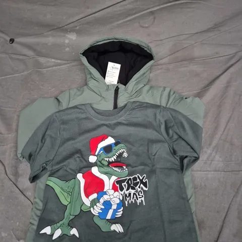 Kids’ Hooded Jacket & T‑Shirt Set – Dinosaur Santa Graphic, 2–3 Years (92–98 cm)